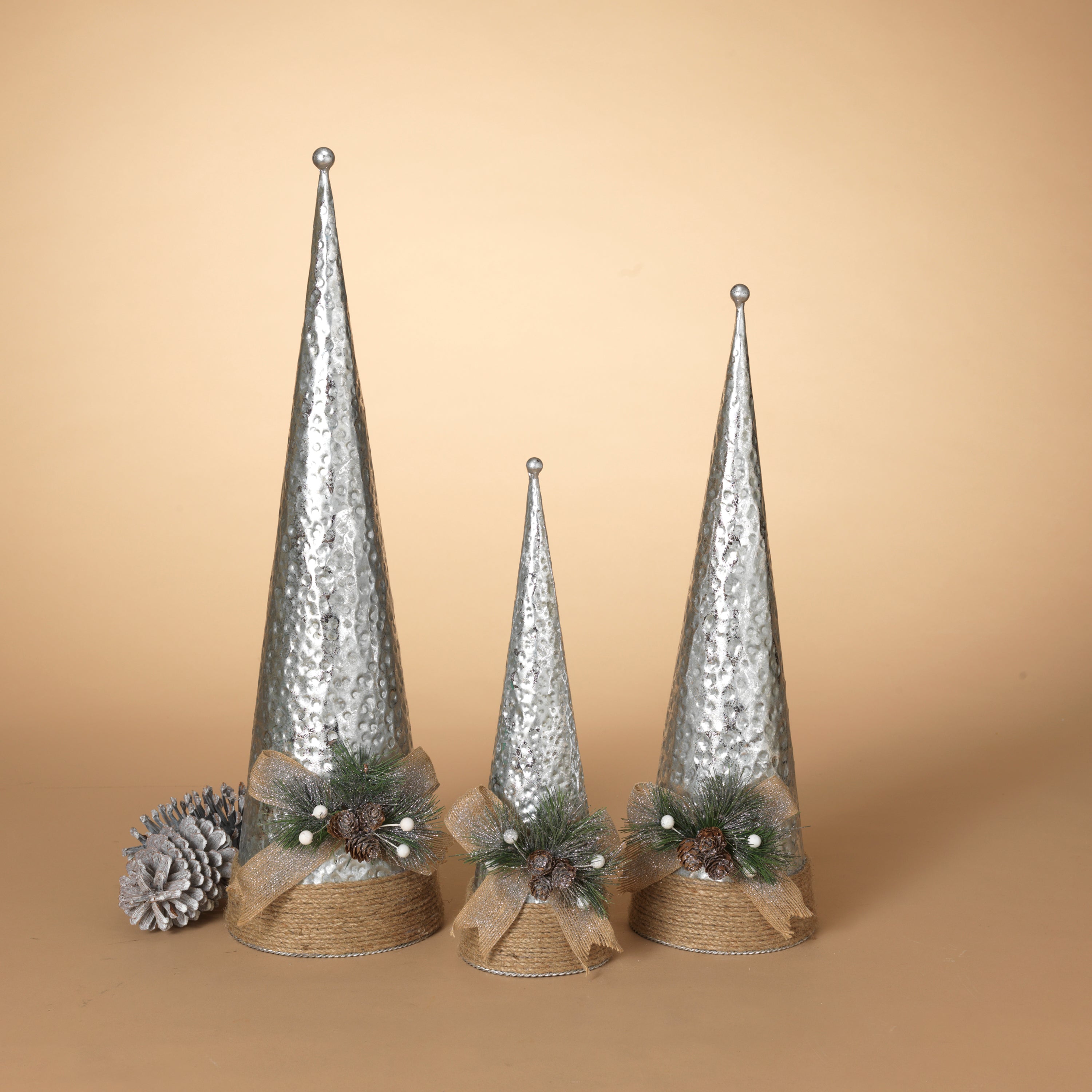 Illuminated Metal Holiday Cones with Pine Accent Lg is 23.75 in with Pine Accent